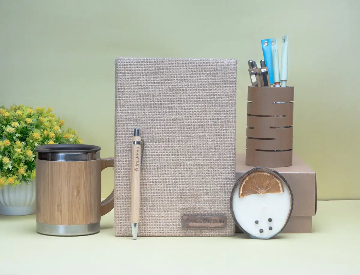 Corporate Gifting Hamper | Bamboo Mug, Bamboo Pen, Jute Planner, Orange Pepper Coconut Candle, Bamboo Pen Holder, Bamboo Pen and paper pen