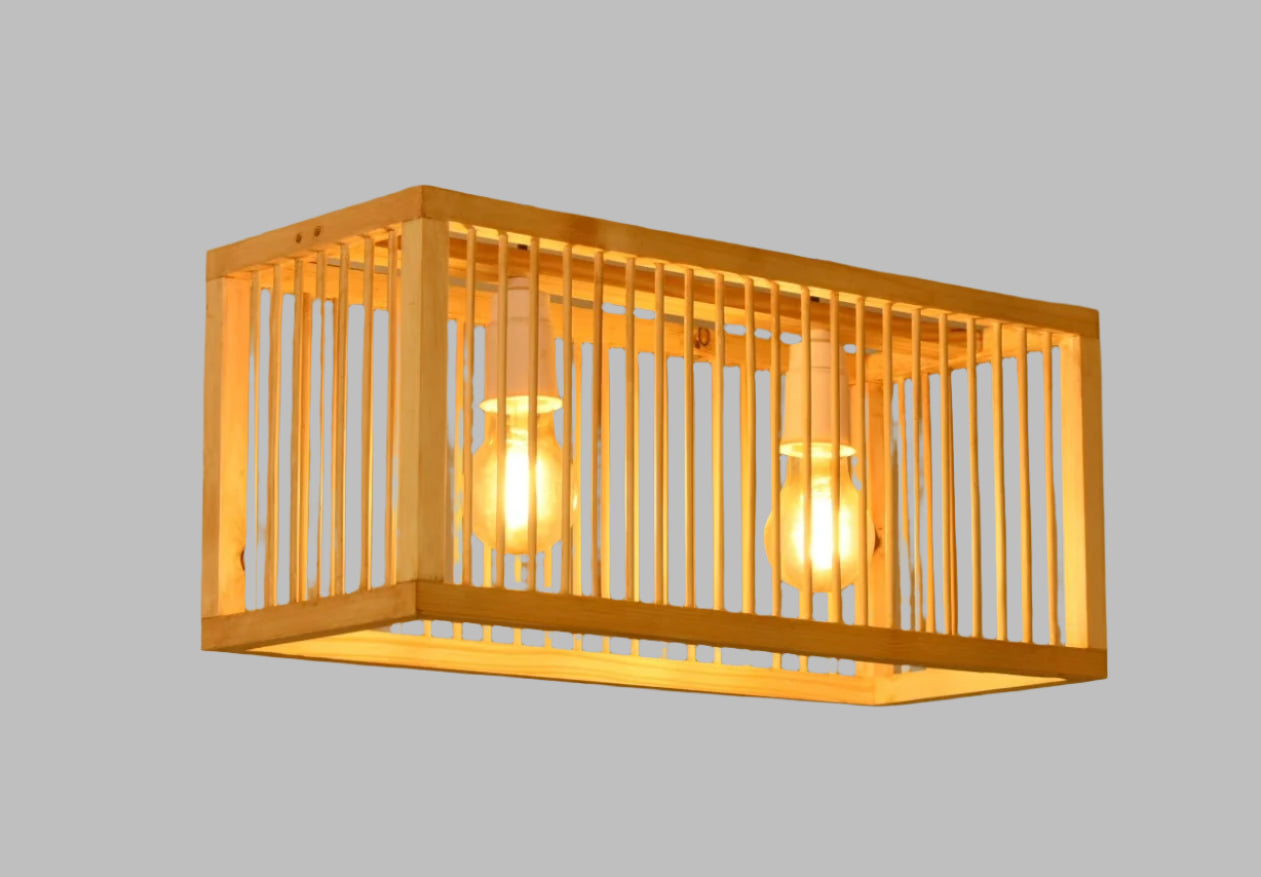 Handmade Long Double Bulb Bamboo Square Pendant Light