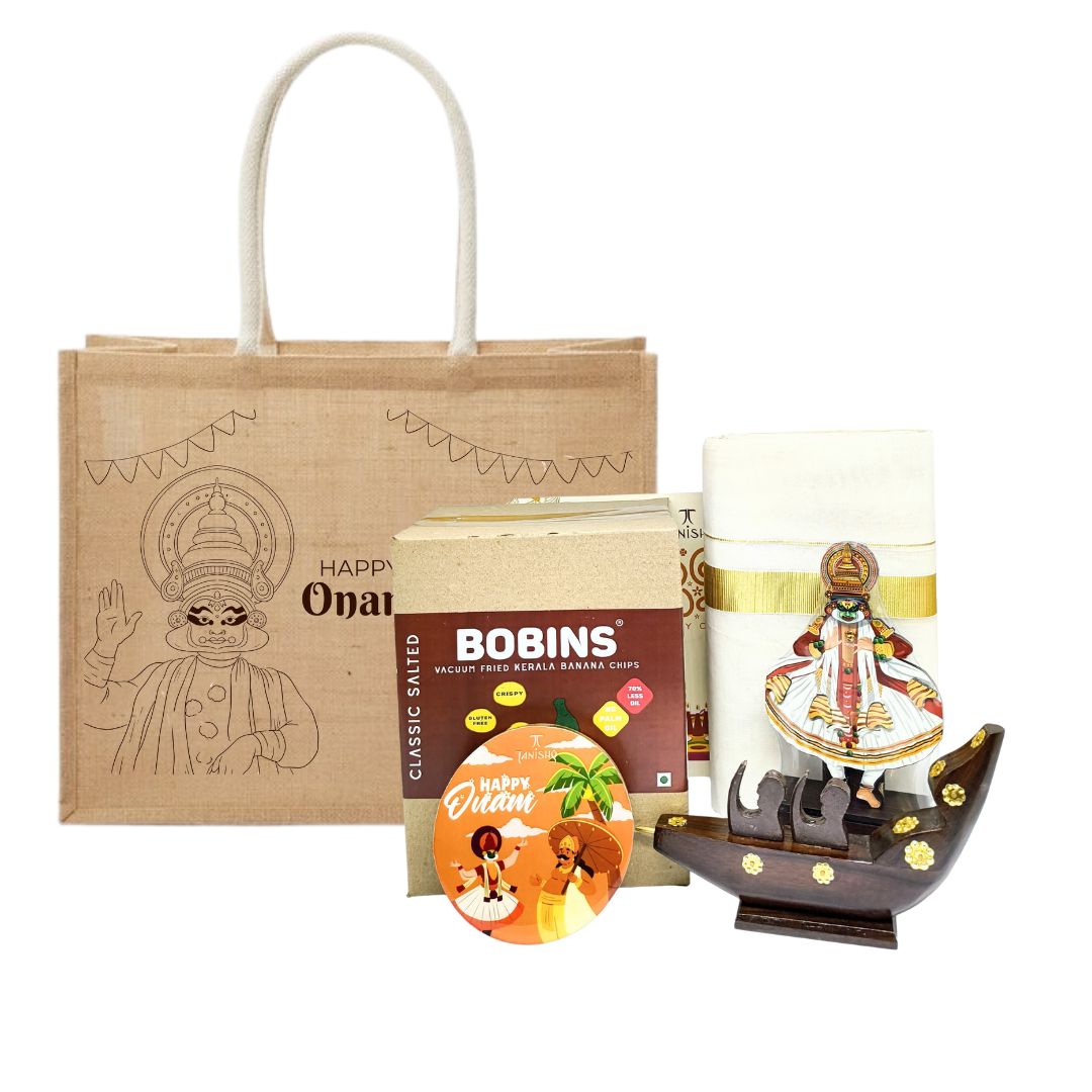 Kerala Onam Gift Hamper – Jute Bag, Kasavu Mundu, Wooden Boat, Kathakali Showpiece & Banana Chips