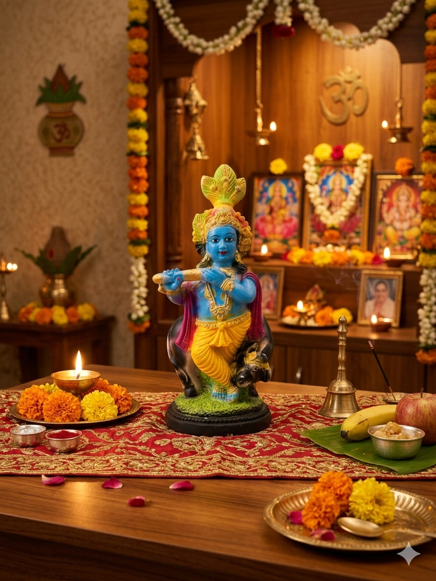 Handcrafted Lord Krishna Idol with Flute and Cow | Divine Home Decor