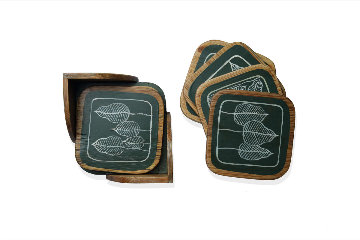 Green Bamboo Handpainted Tea Coaster | 1 Holder | 6 Tea coasters