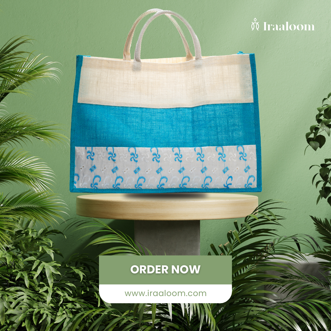 Jute and Oxford printed Bag | Blue