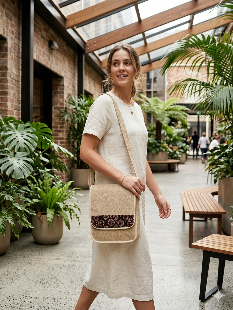 Elegant Handcrafted Jute Sling Bag with Traditional Accent