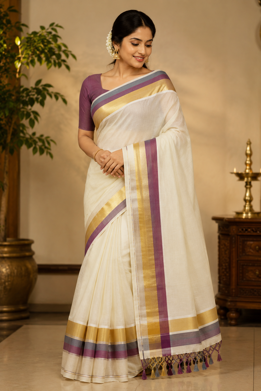 Premium Pure Cotton Kasavu Saree with Purple & Grey Border | Traditional Kerala Saree for Women