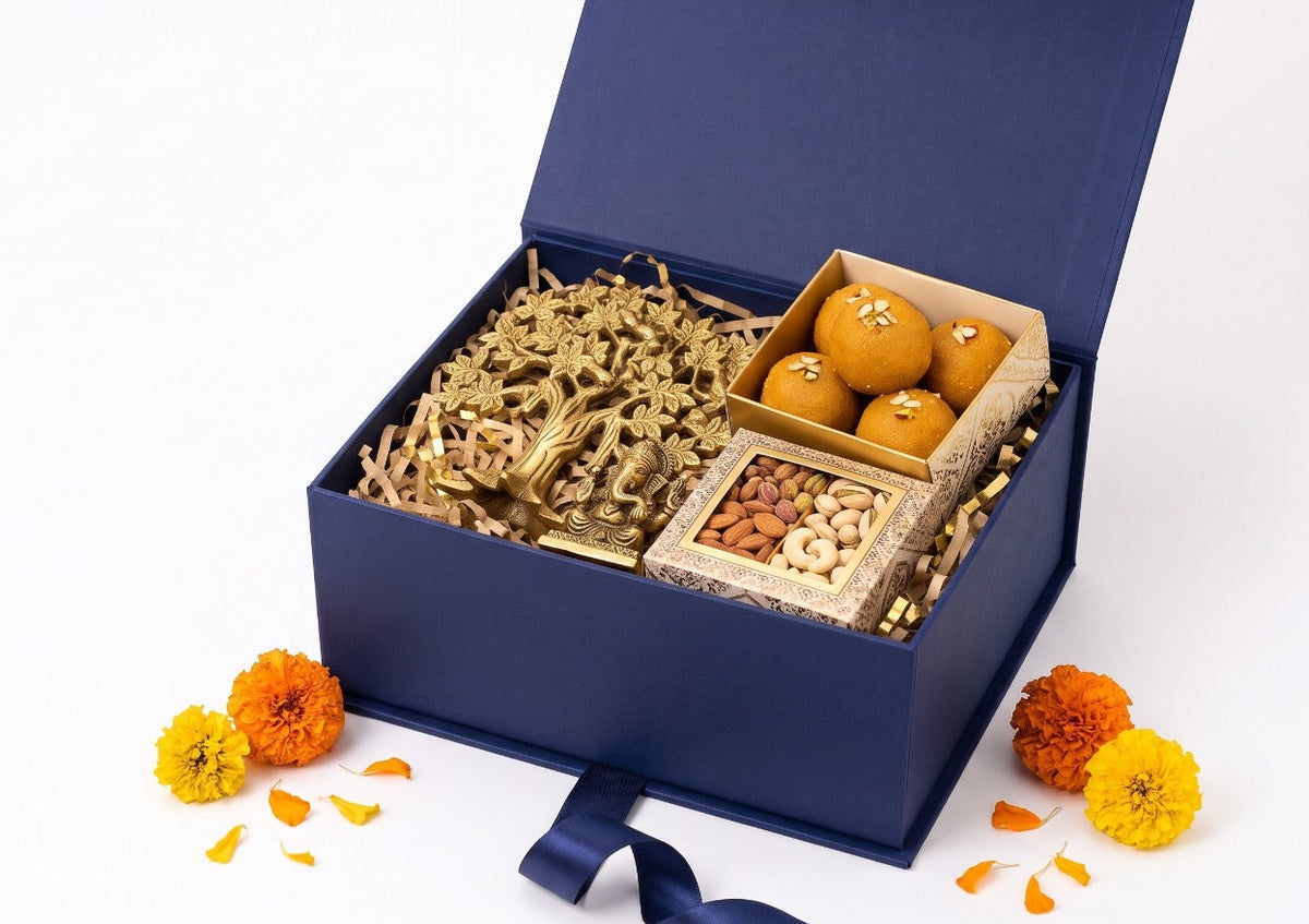 Luxury Diwali Gift Hamper with Pure Brass Lord Ganesha, Kalpvriksh, Ladoos & Dry Fruits