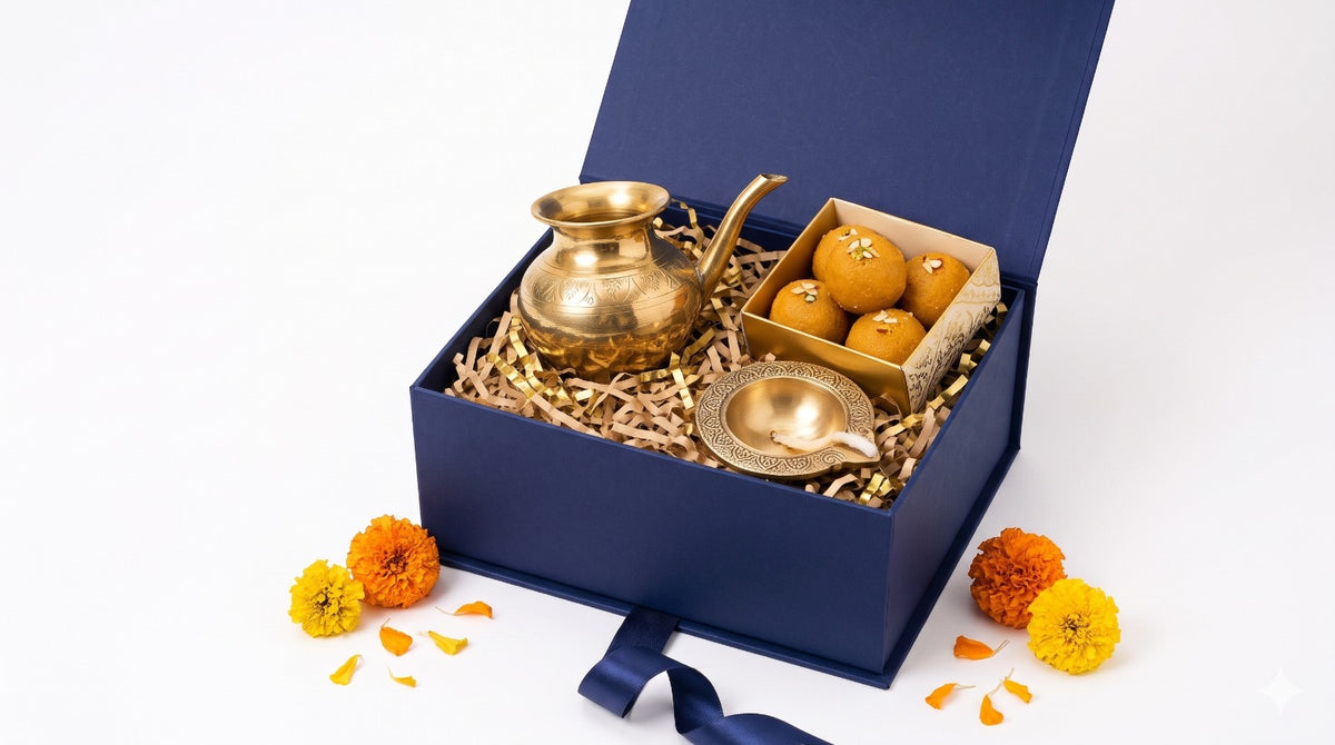 Brass Diya & Brass Kindi Diwali Gift Hamper with Traditional Laddoos
