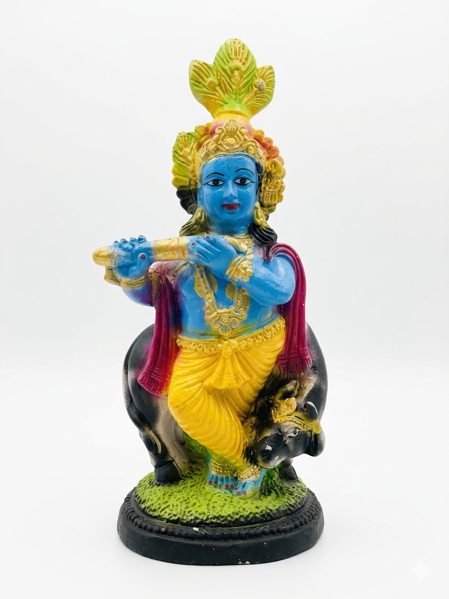 Handcrafted Lord Krishna Idol with Flute and Cow | Divine Home Decor
