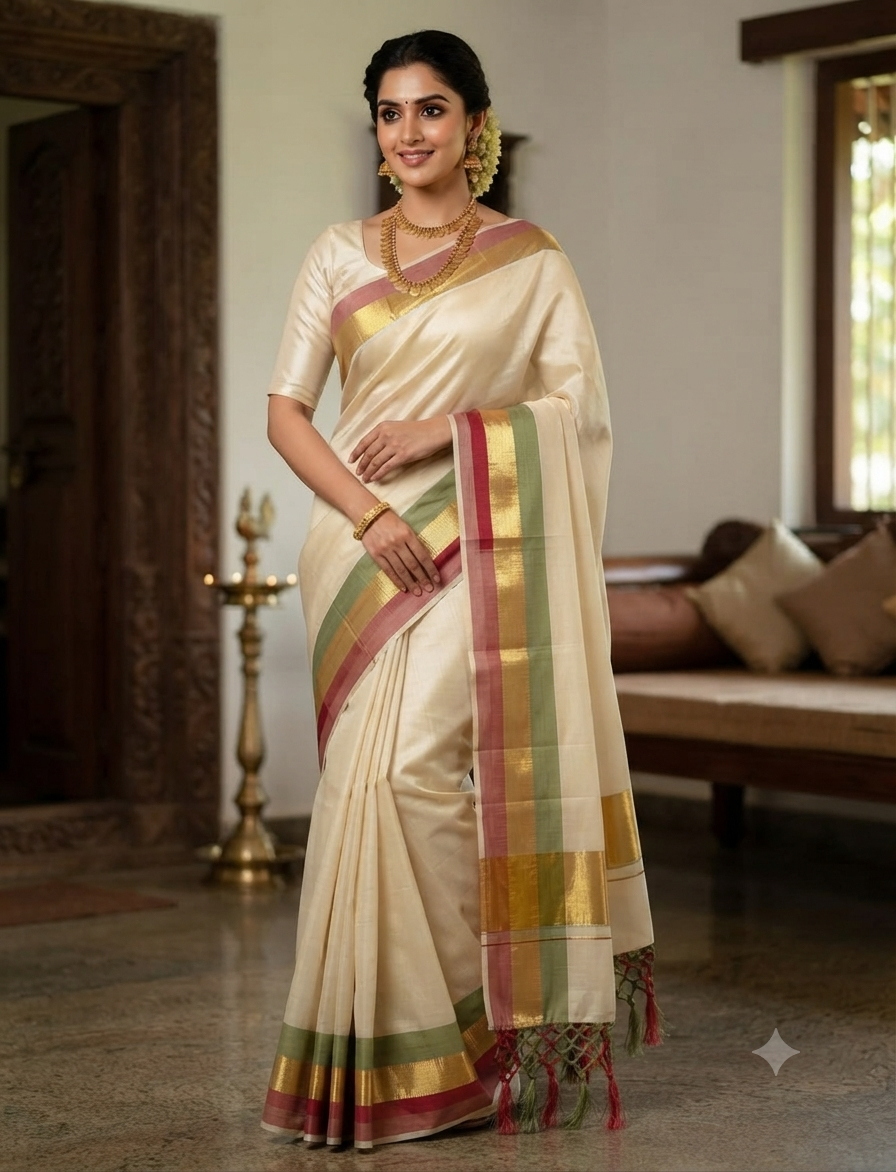 Premium Pure Cotton Kasavu Saree with Pink & Green Border | Traditional Kerala Saree for Women