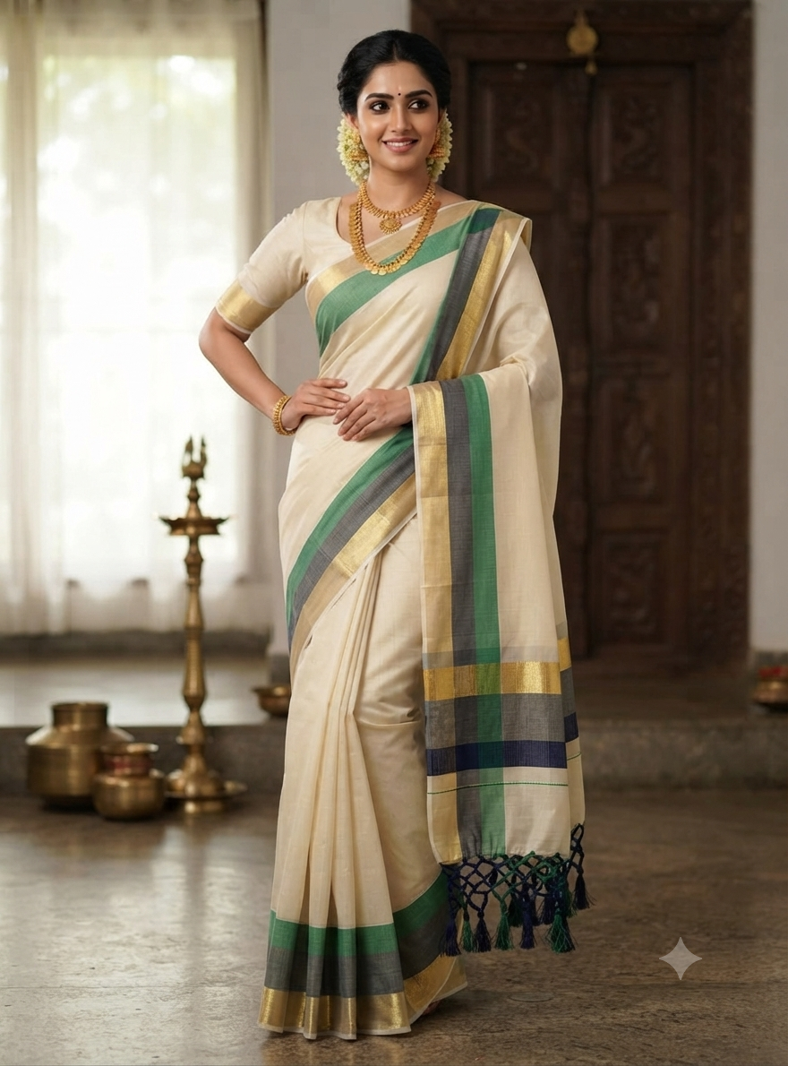 Premium Pure Cotton Kasavu Saree with Green & Blue Border | Traditional Kerala Saree for Women