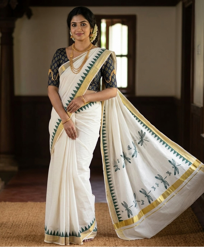 Modern Dragonfly & Butterfly Print Kerala Kasavu Saree with Navy Blouse