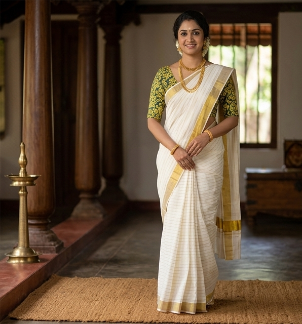 Hand-Painted Unni Kannan Kasavu Saree & Printed Blouse Set