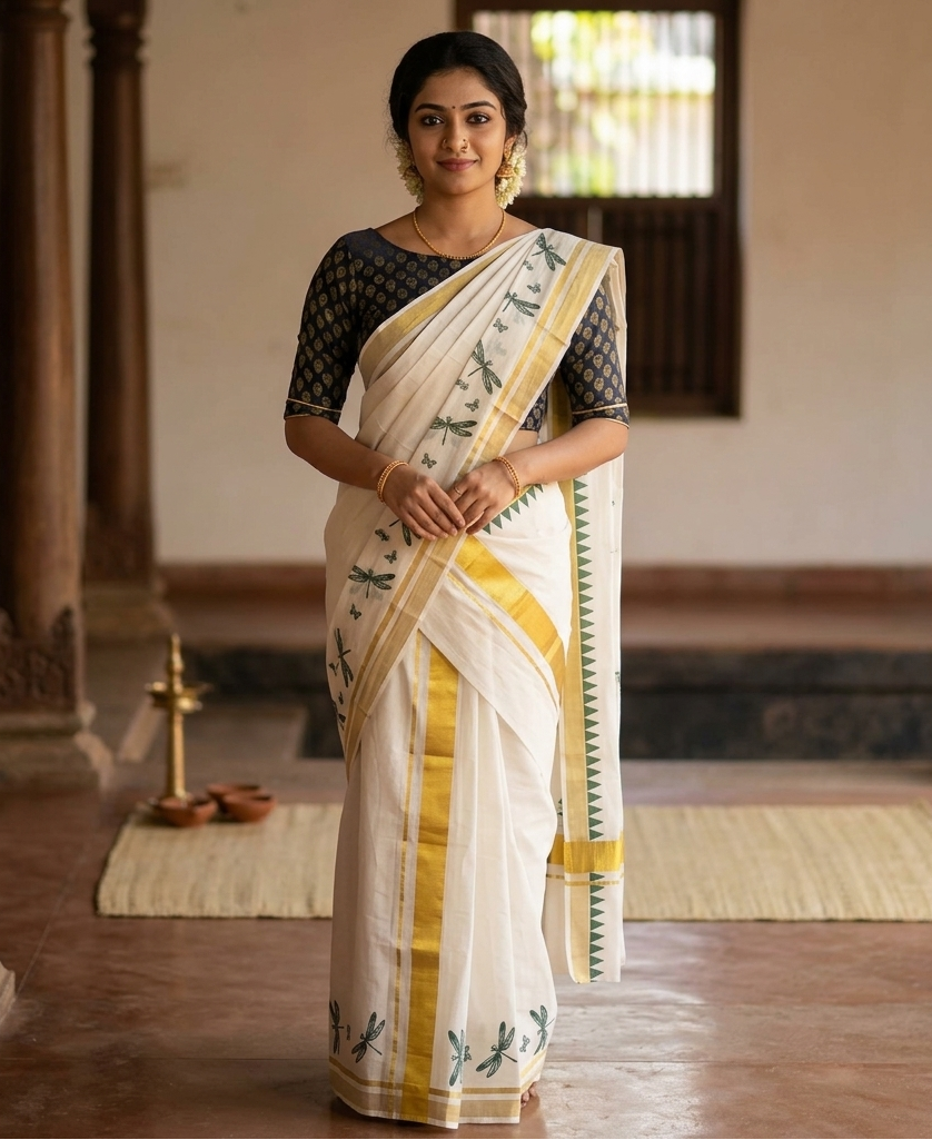 Elegant Dragonfly & Butterfly Print Kerala Kasavu Saree