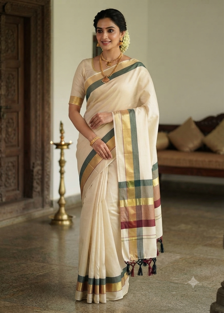Premium Pure Cotton Kasavu Saree with Dual Color Border | Elegant Kerala Traditional Saree for Women