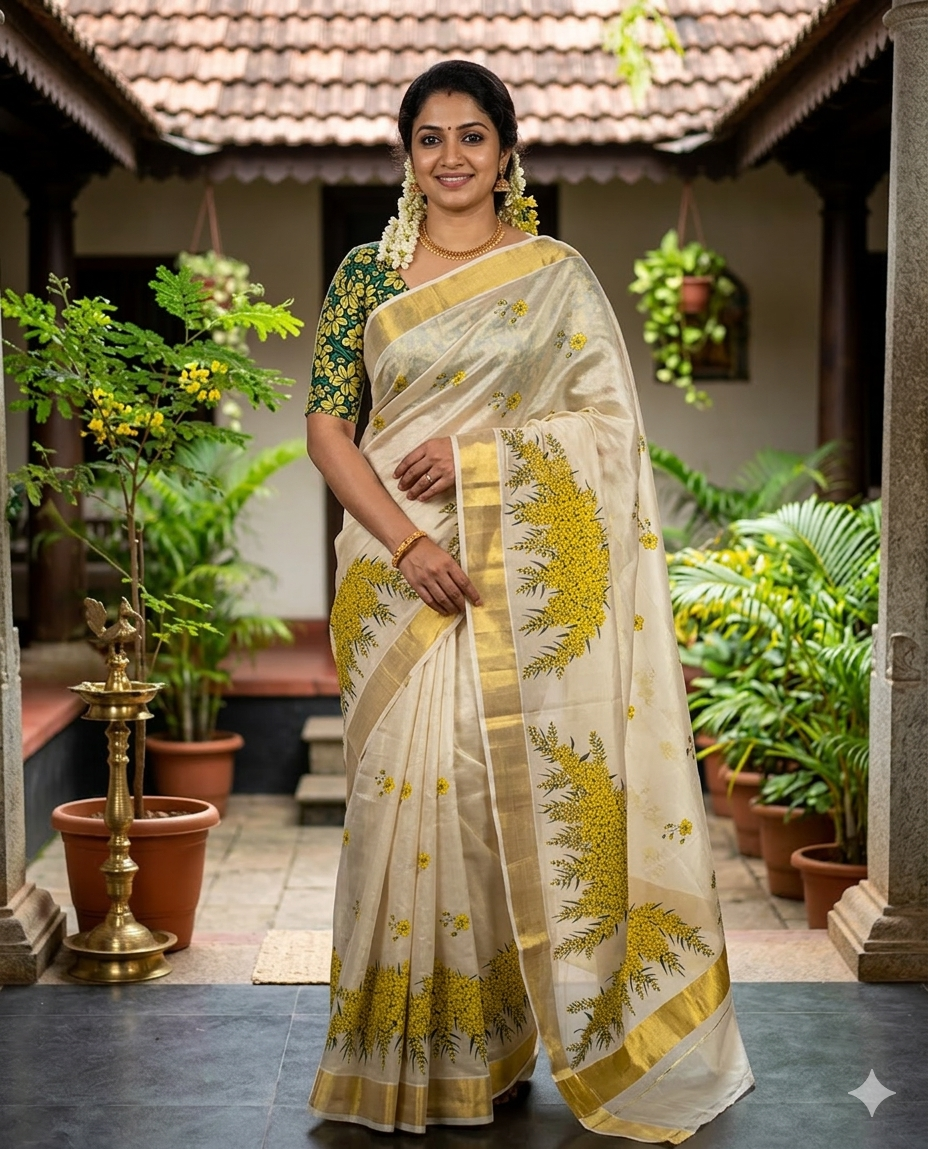 Handcrafted Kerala Kasavu Saree with Floral Print – Vishu Festival Saree | Iraaloom