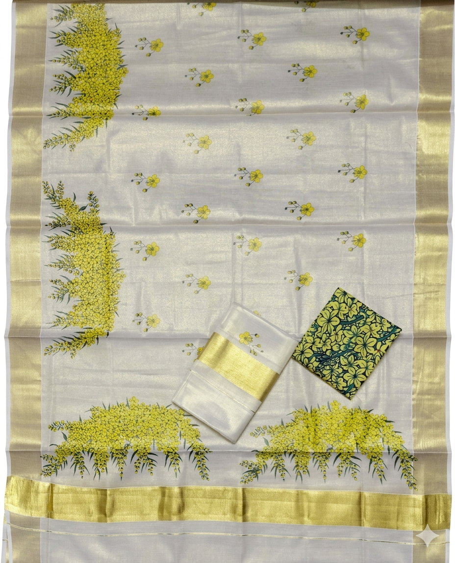 Handcrafted Kerala Kasavu Saree with Floral Print – Vishu Festival Saree | Iraaloom