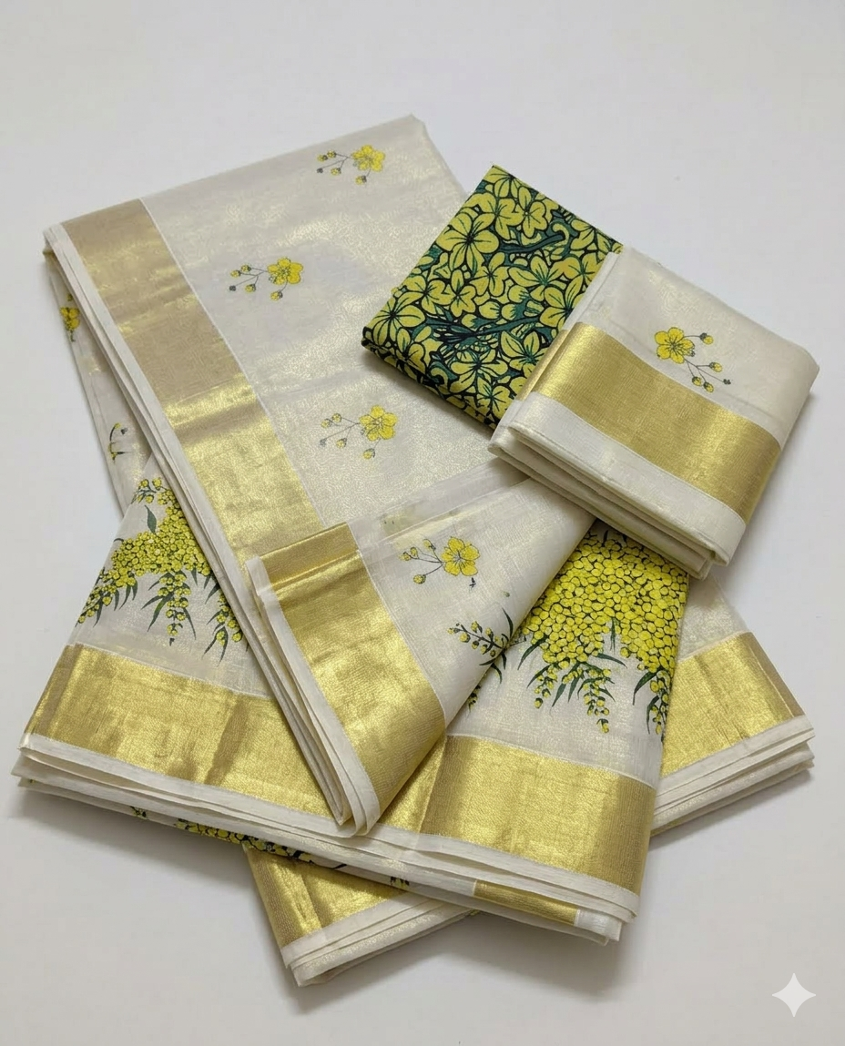 Handcrafted Kerala Kasavu Saree with Floral Print – Vishu Festival Saree | Iraaloom