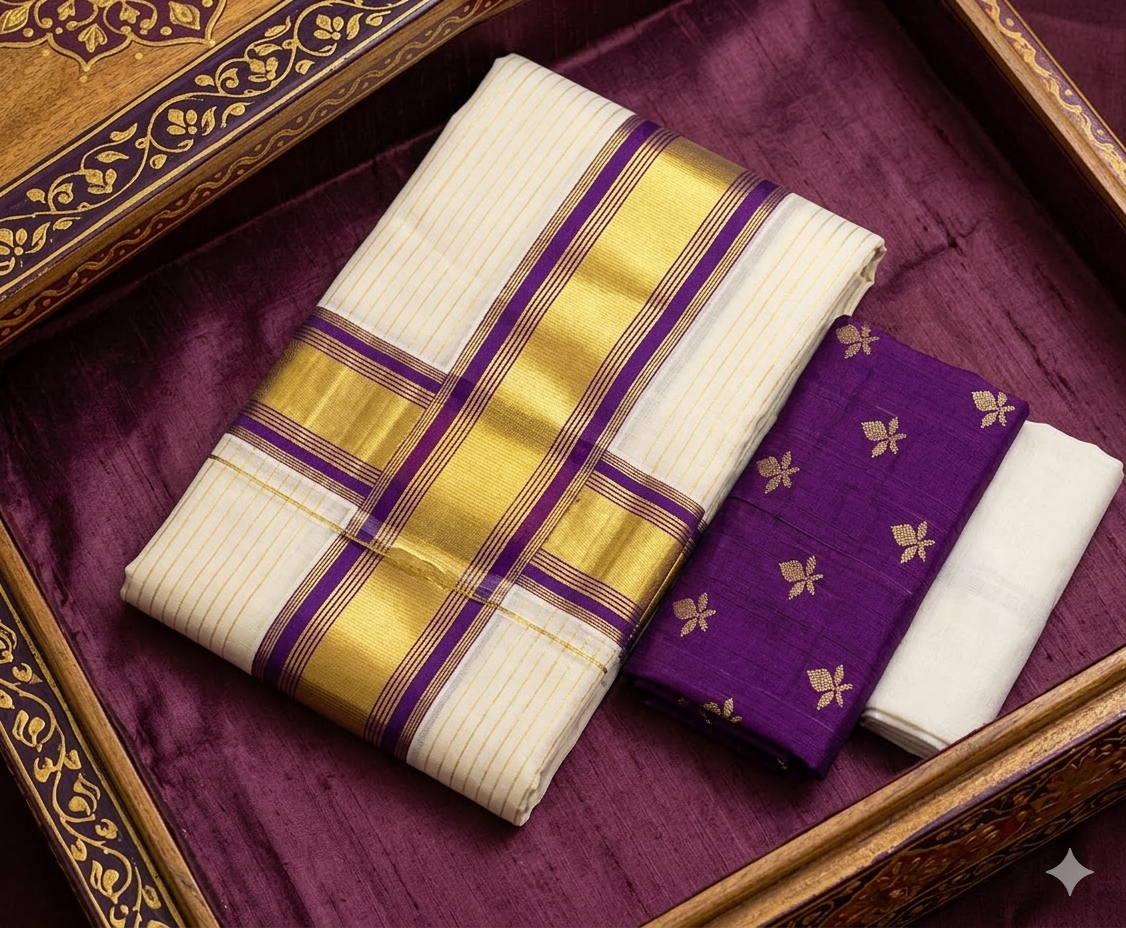 Elegant Kerala Kasavu Saree with Purple Blouse – Traditional Handwoven Onam & Vishu Saree