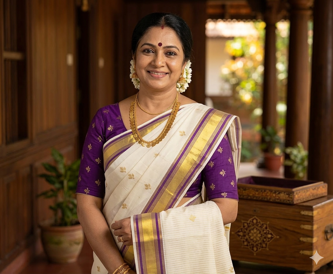 Elegant Kerala Kasavu Saree with Purple Blouse – Traditional Handwoven Onam & Vishu Saree