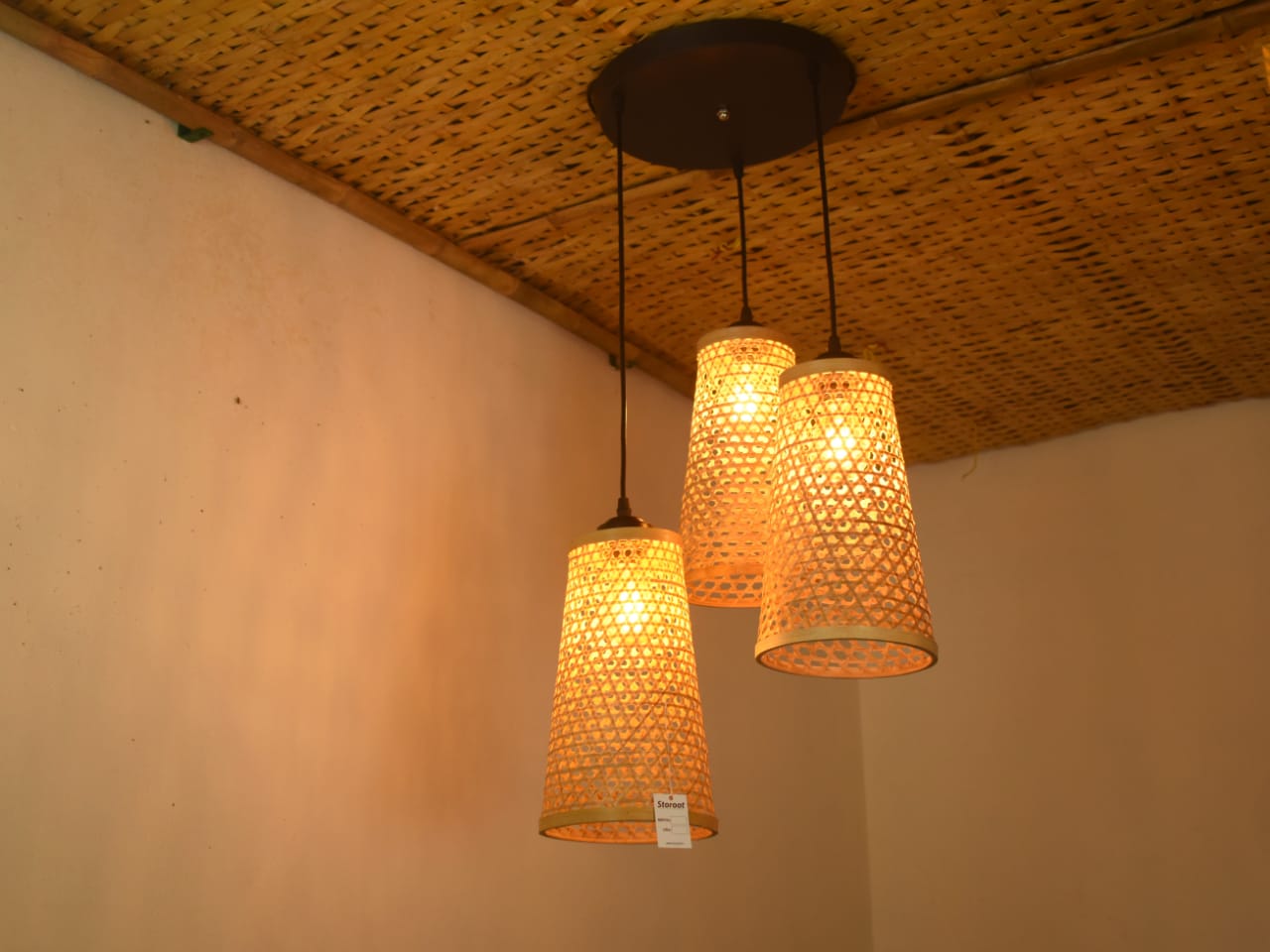 Conical Bamboo Chandelier Light - Honeycomb Design | Set of Three