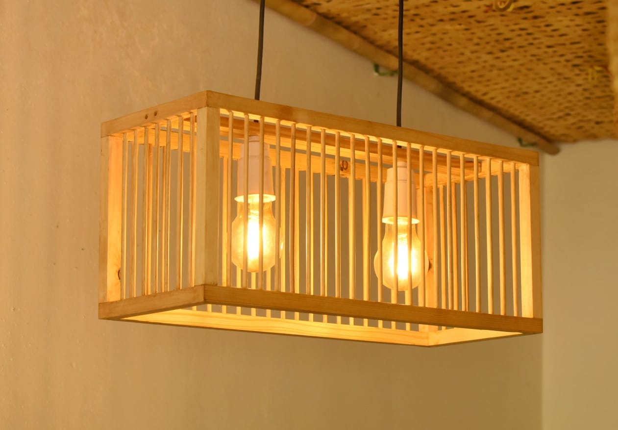 Handmade Long Double Bulb Bamboo Square Pendant Light