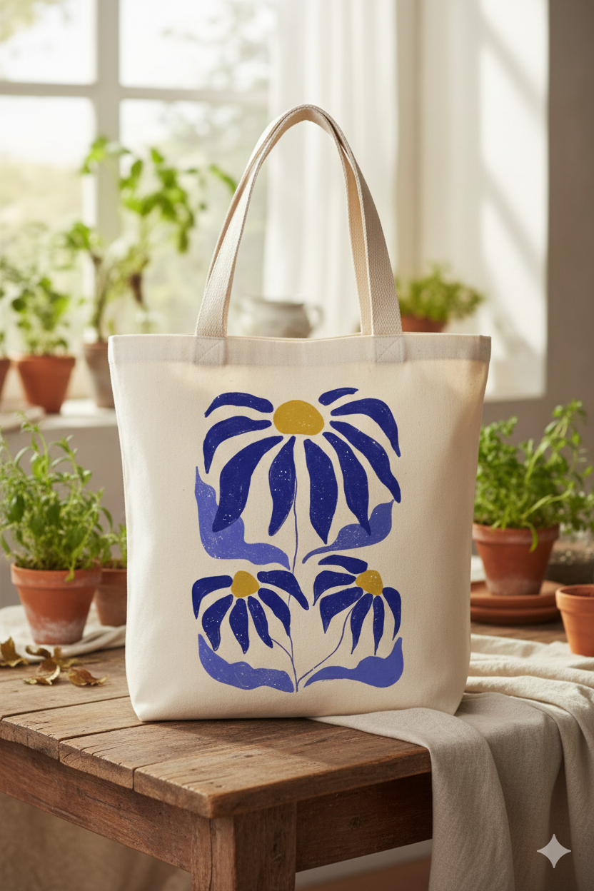 White Canvas Tote Bag with Floral DTP Print (16 × 14 inches)