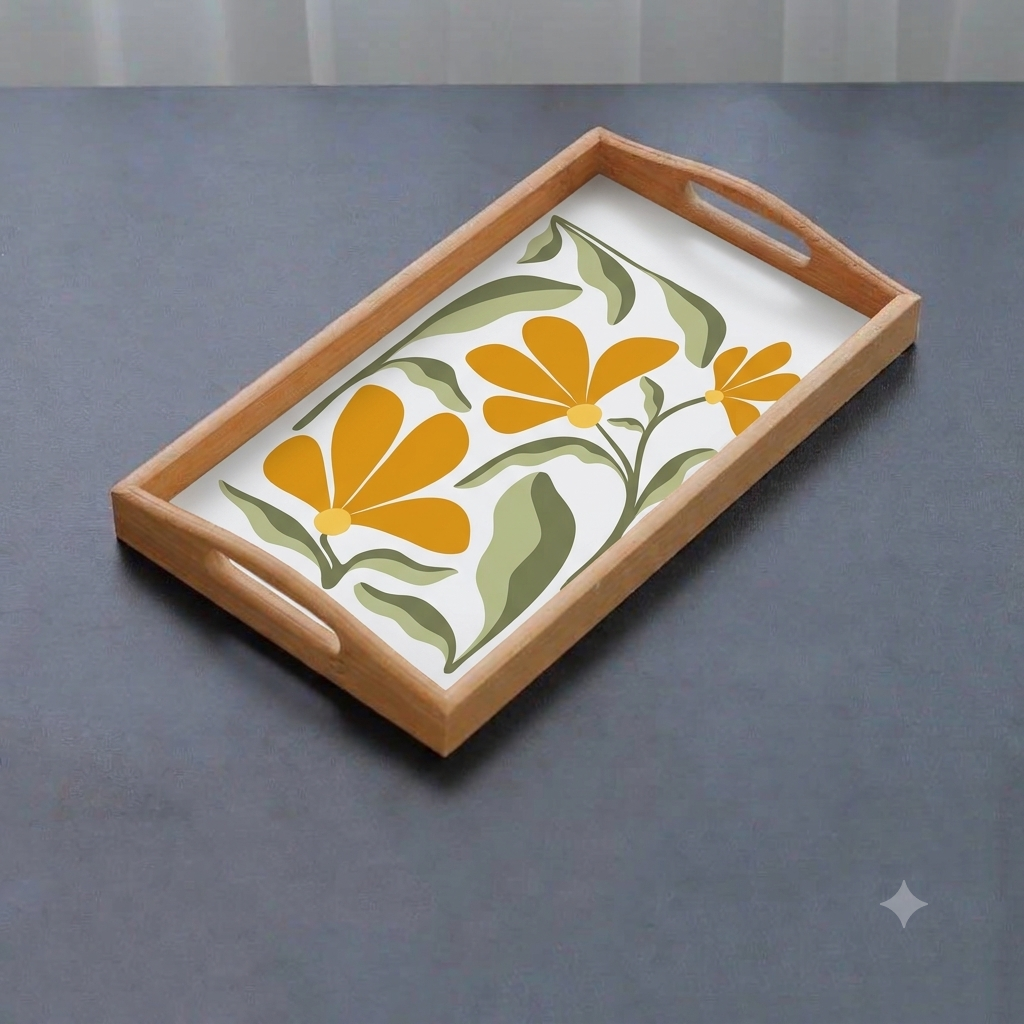 Handmade and handpainted wooden tray and set of 4 tea coasters