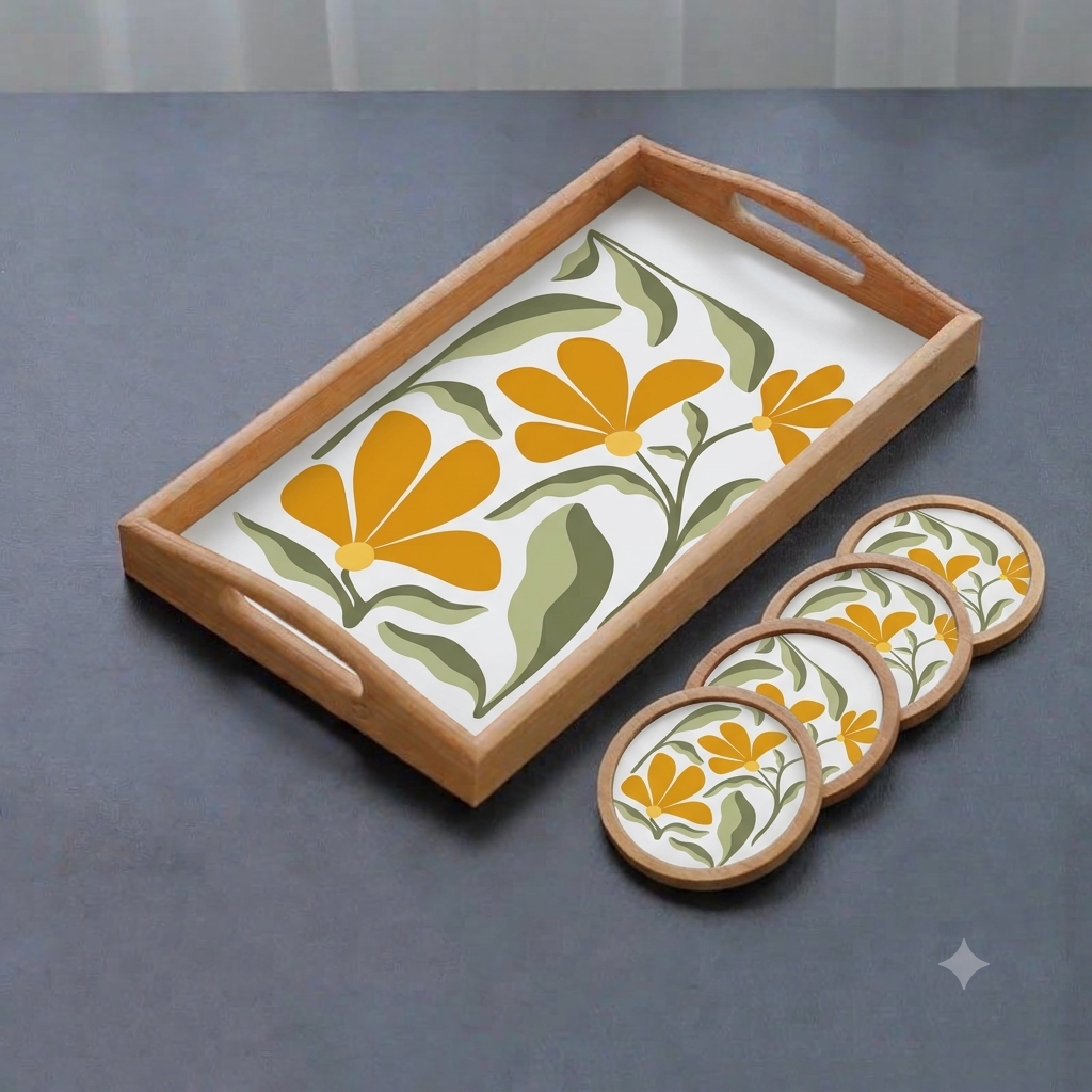 Handmade and handpainted wooden tray and set of 4 tea coasters