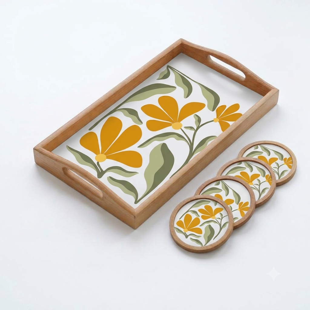 Handmade and handpainted wooden tray and set of 4 tea coasters