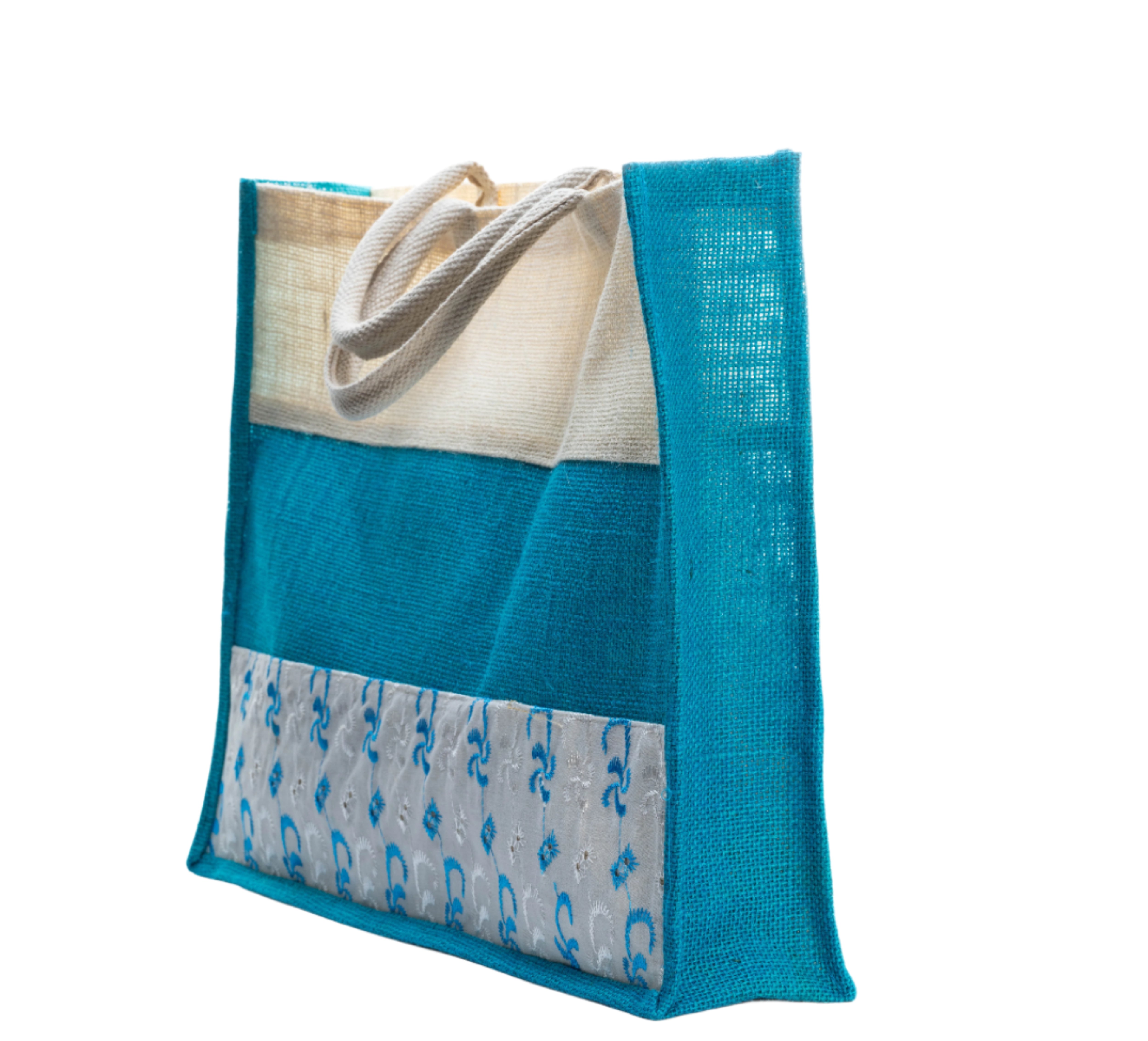 Jute and Oxford printed Bag | Blue