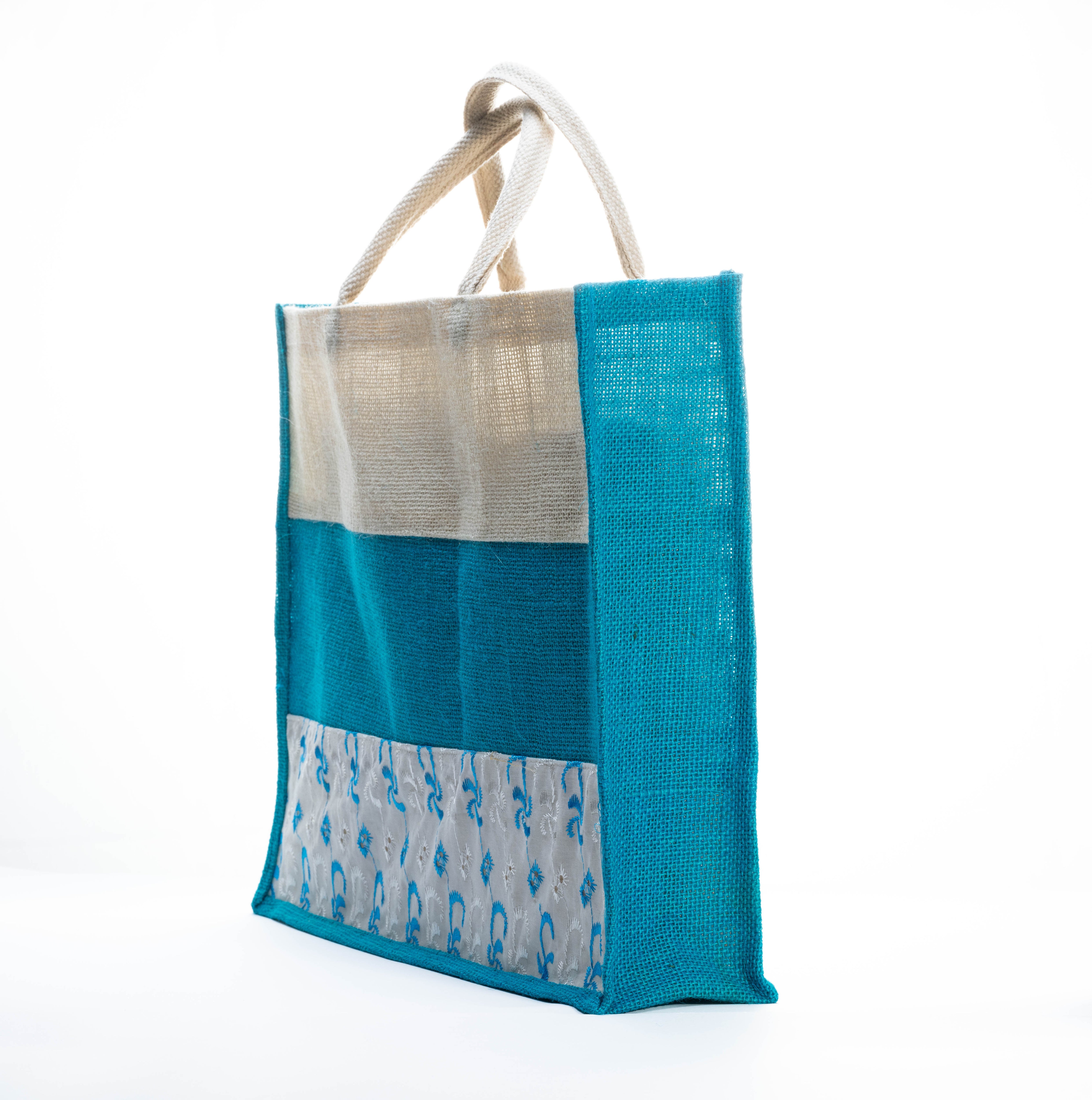 Jute and Oxford printed Bag | Blue