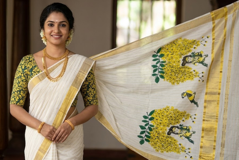 Hand-Painted Unni Kannan Kasavu Saree & Printed Blouse Set
