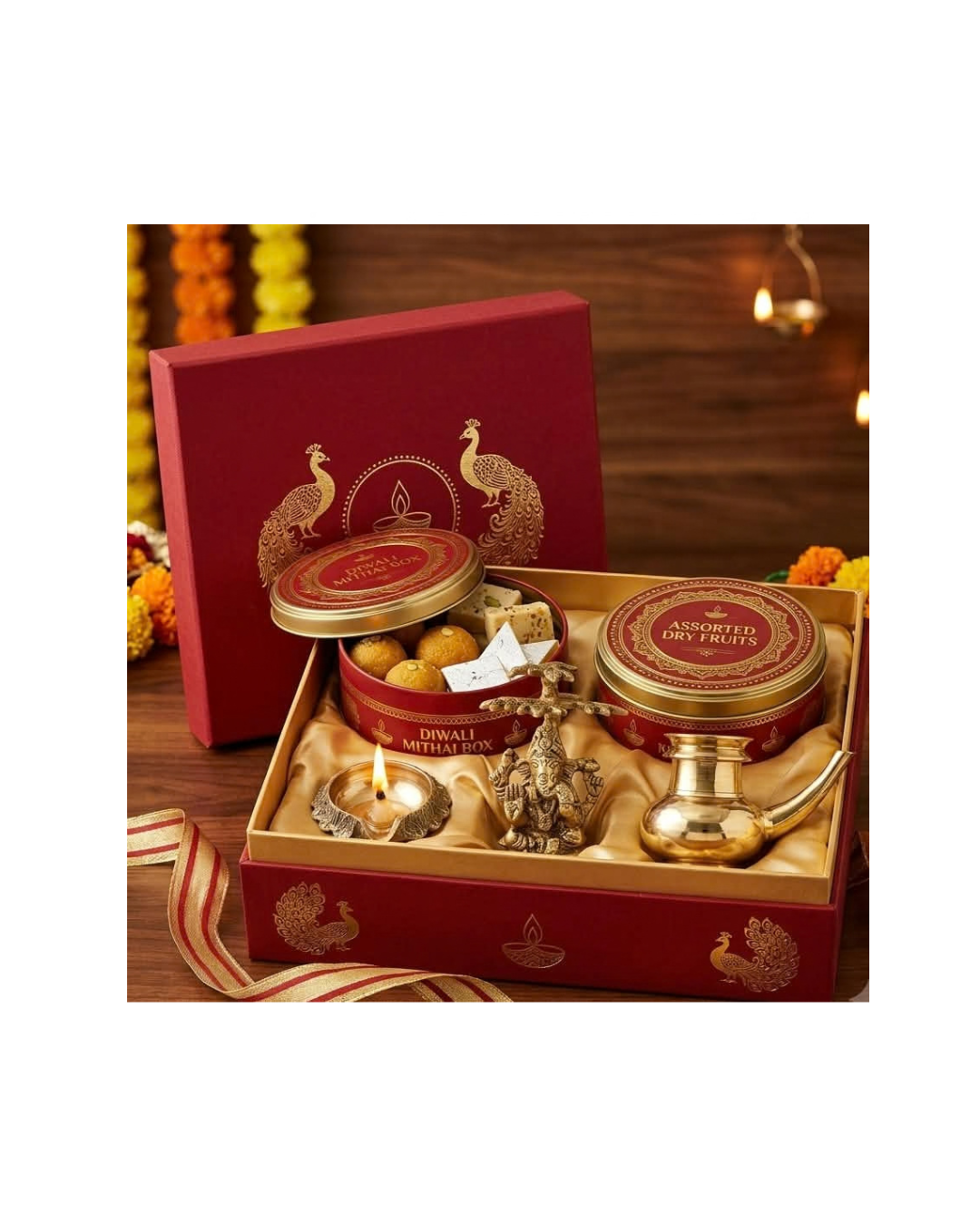Premium Diwali Gift Hamper with Brass Kindi, Ganesh Idol, Diya, Sweets & Dry Fruits