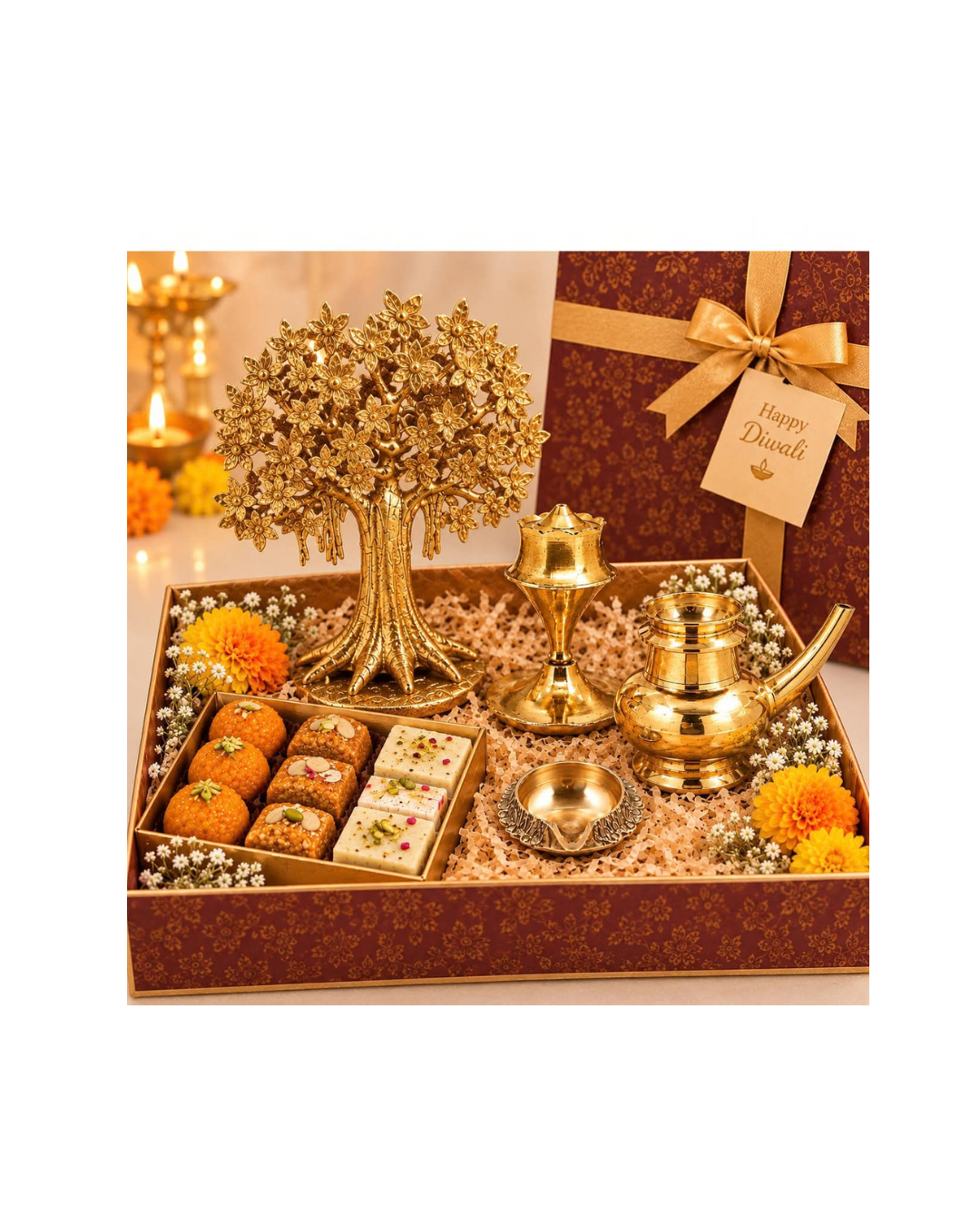 Premium Diwali Gift Hamper with Brass Tree, Kindi, Diya & Sweets