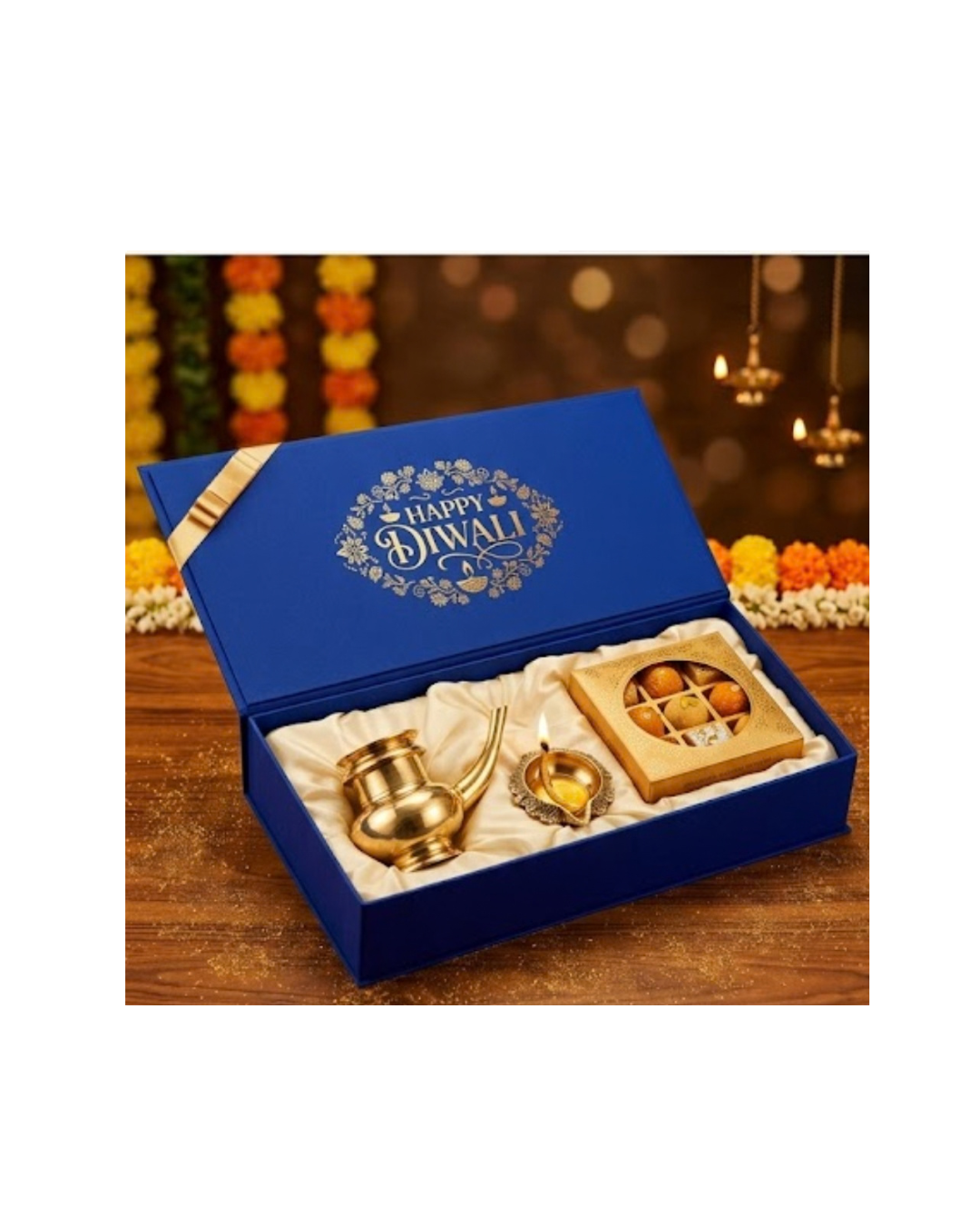 Premium Diwali Gift Hamper with Brass Kindi, Diya & Sweets
