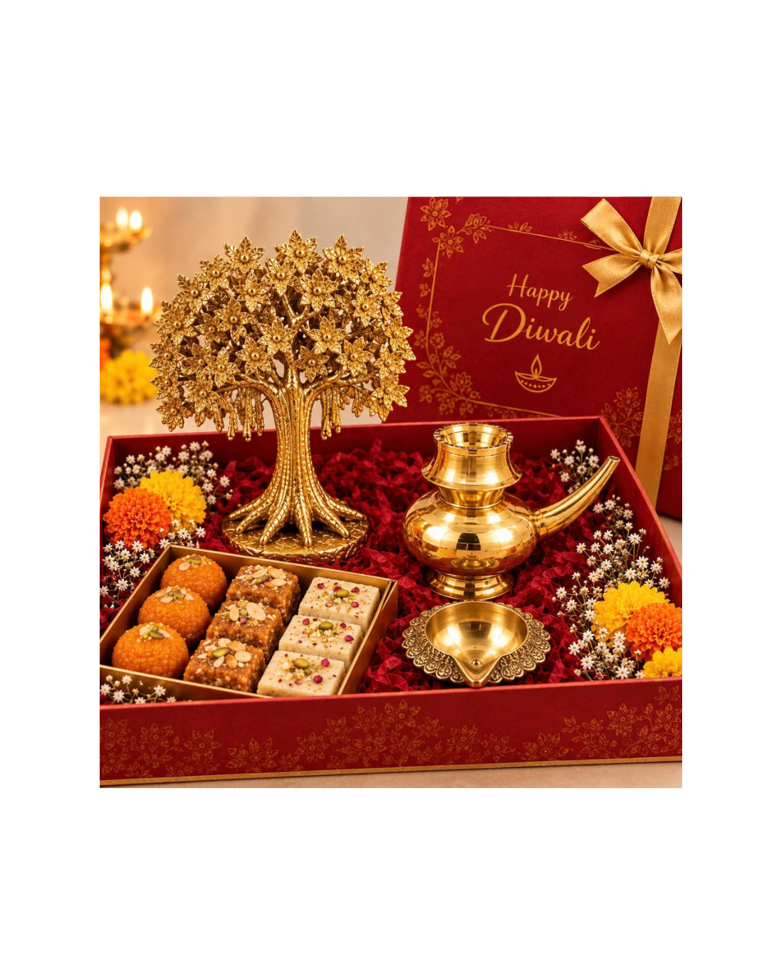 Premium Diwali Gift Hamper with Brass Tree, Kindi, Diya & Sweets