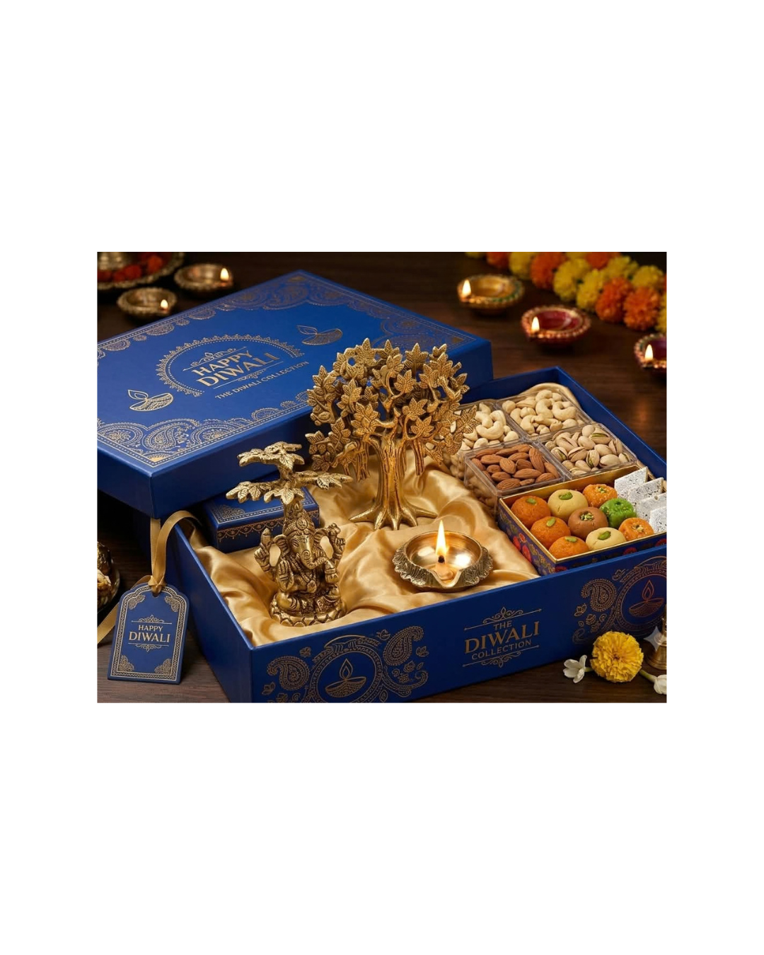 Luxury Diwali Gift Hamper with Brass Diya, Ganesh Idol, Brass Tree, Nuts & Sweets