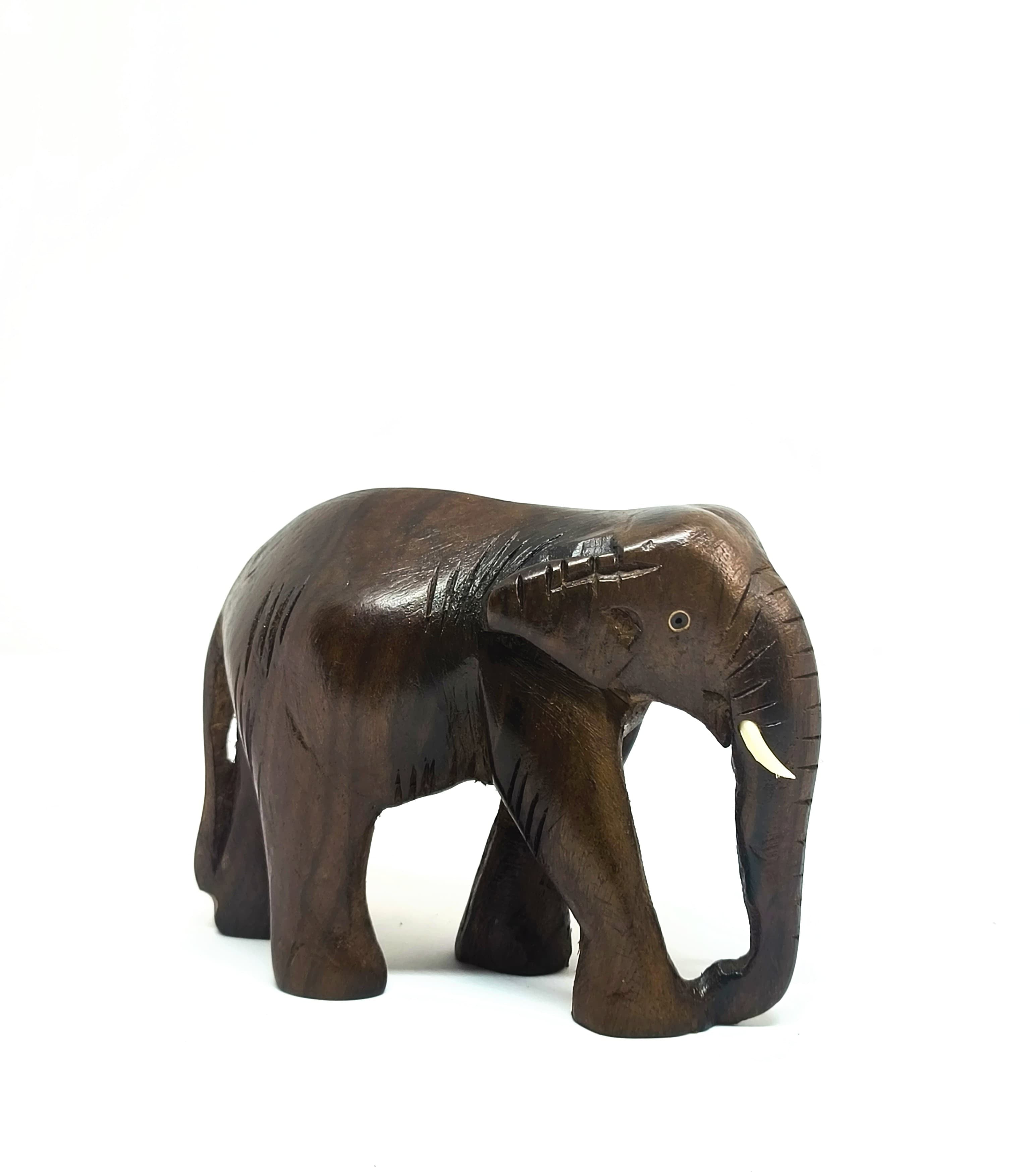 Handcrafted Wooden Elephant Figurine | Rustic Animal Décor | Indian Carved Elephant Showpiece