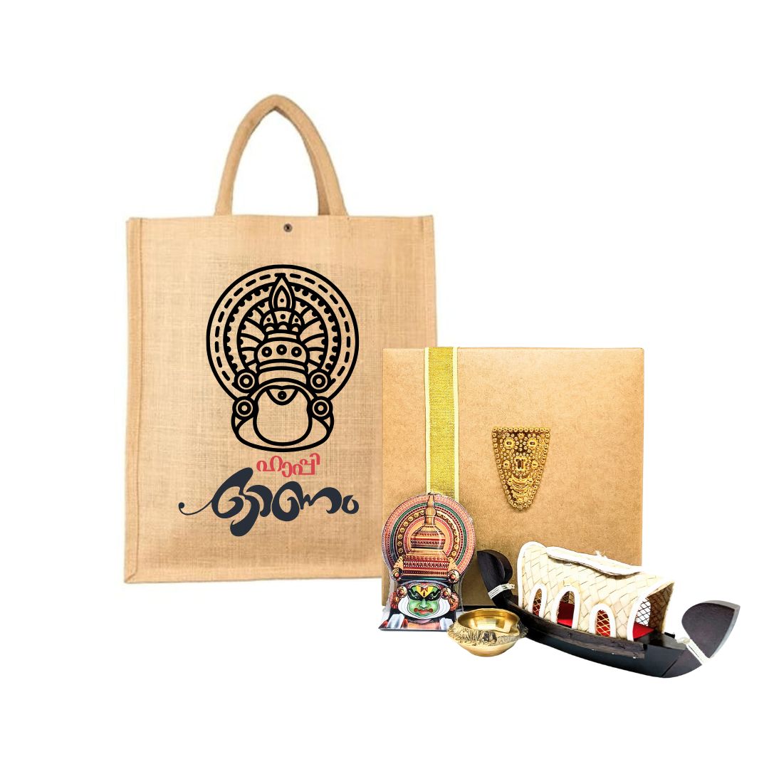 Kerala Onam Gift Hamper – Jute Bag, Kathakali Showpiece, Miniature Houseboat & Brass Diya