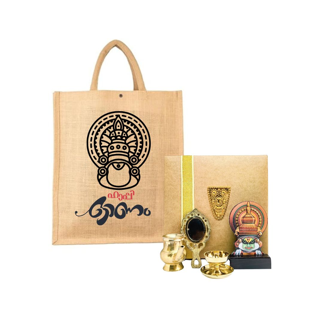 Kerala Onam Gift Hamper – Jute Bag, Aranmula Mirror, Brass Agarbathi Stand, Brass Kindi & Kathakali Showpiece