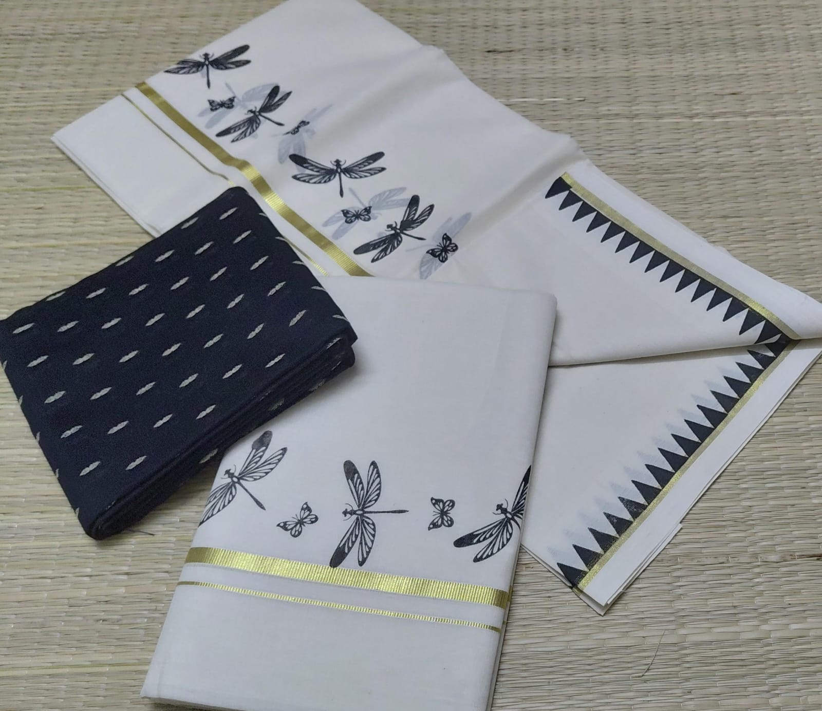 Modern Dragonfly & Butterfly Print Kerala Kasavu Saree with Navy Blouse