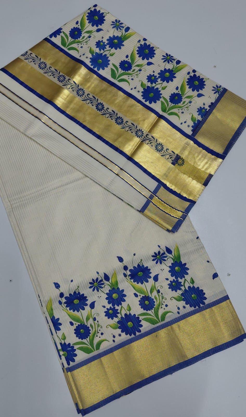 Balaramapuram Kasavu Saree with Blue Floral Hand-Painted Design