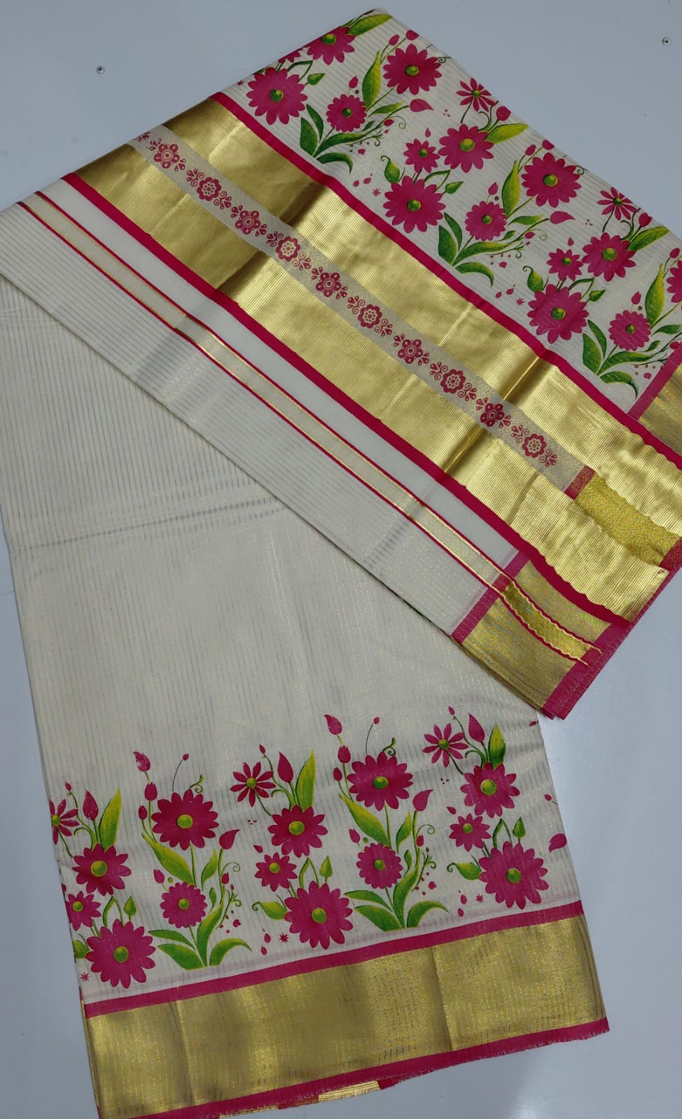 Balaramapuram 5 Inch Micro Stripes Kasavu Saree with Pink Floral Hand-Painted Design