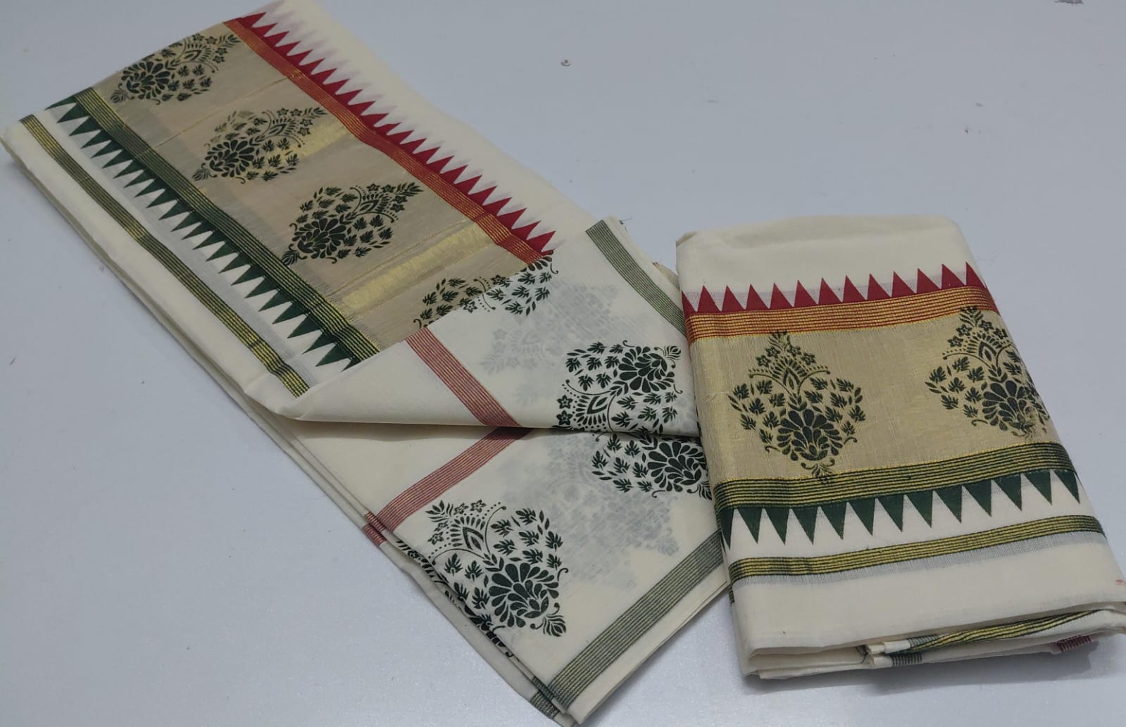 Double Colour Plain Set Mundu with Tissue Pallu & Traditional Print