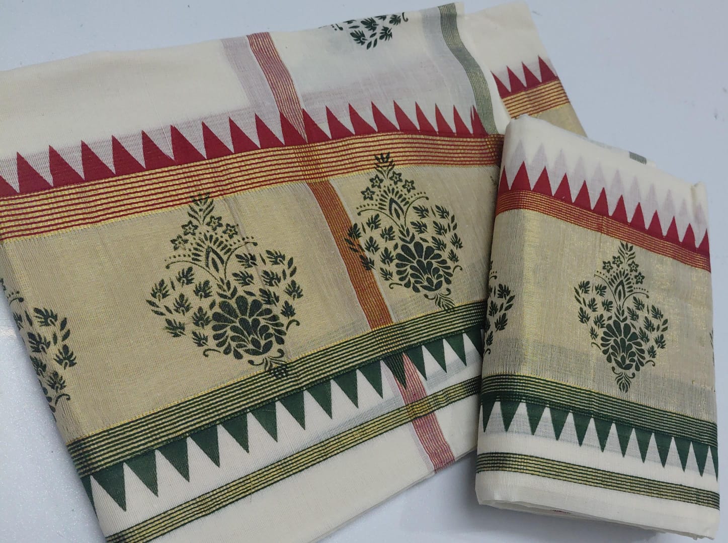 Double Colour Plain Set Mundu with Tissue Pallu & Traditional Print