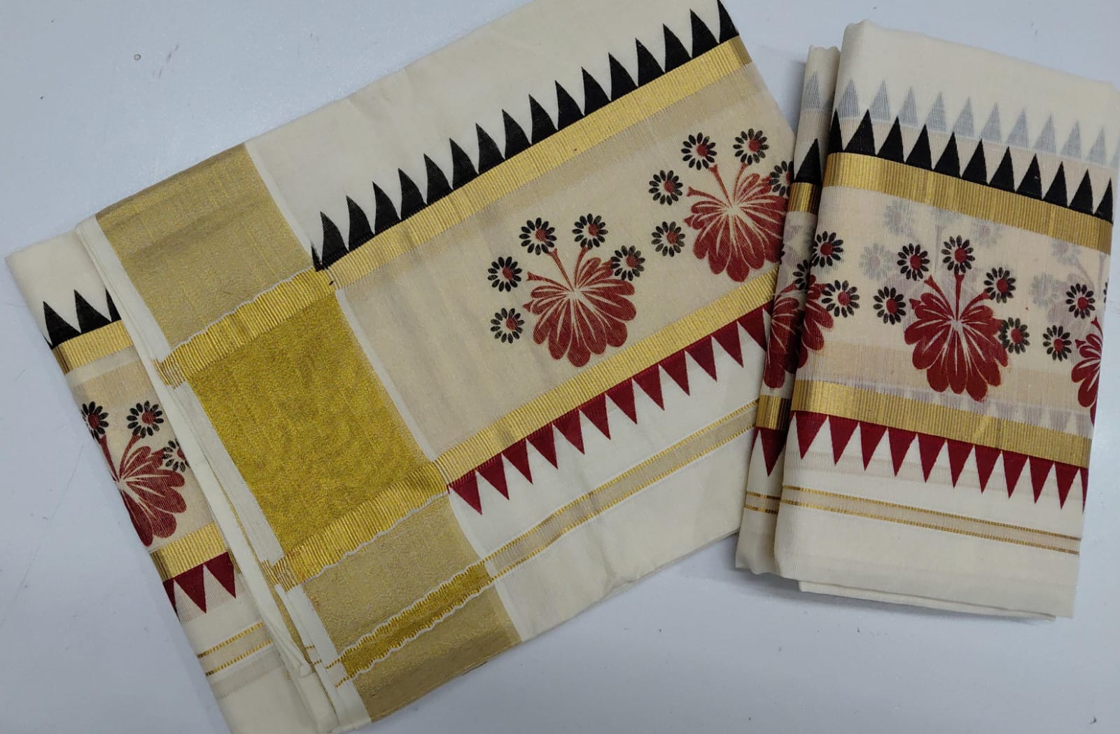 Double Colour Printed Set Mundu with Traditional Floral Design