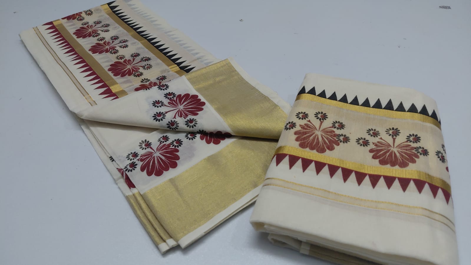 Double Colour Printed Set Mundu with Traditional Floral Design