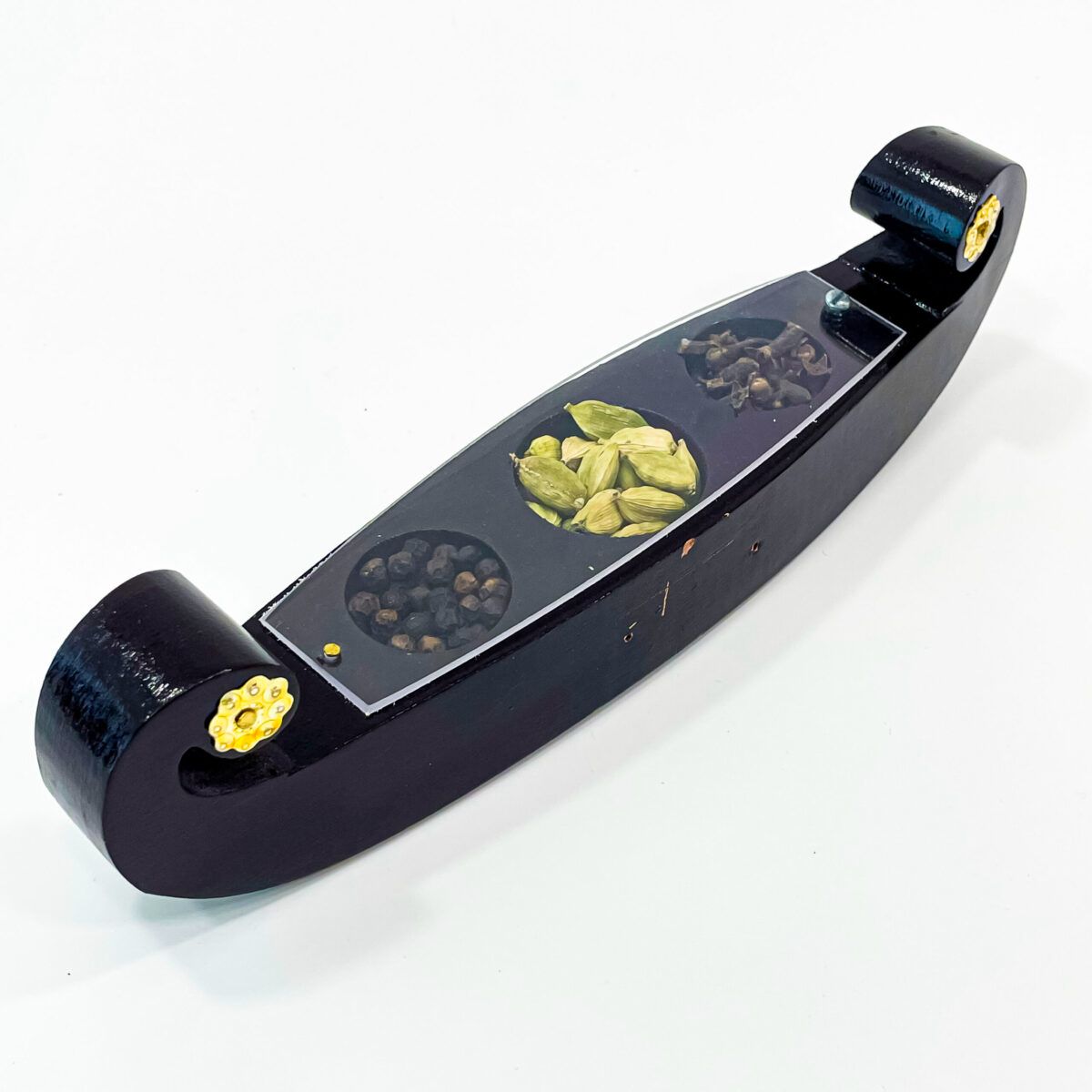 Kerala Churut Boat Spice Holder – Handcrafted Wooden Spice Box with 3 Compartments
