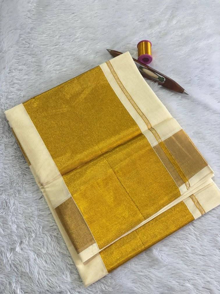 Traditional Kerala Kasavu Set Saree – Pure White Cotton Saree with Golden Zari Border