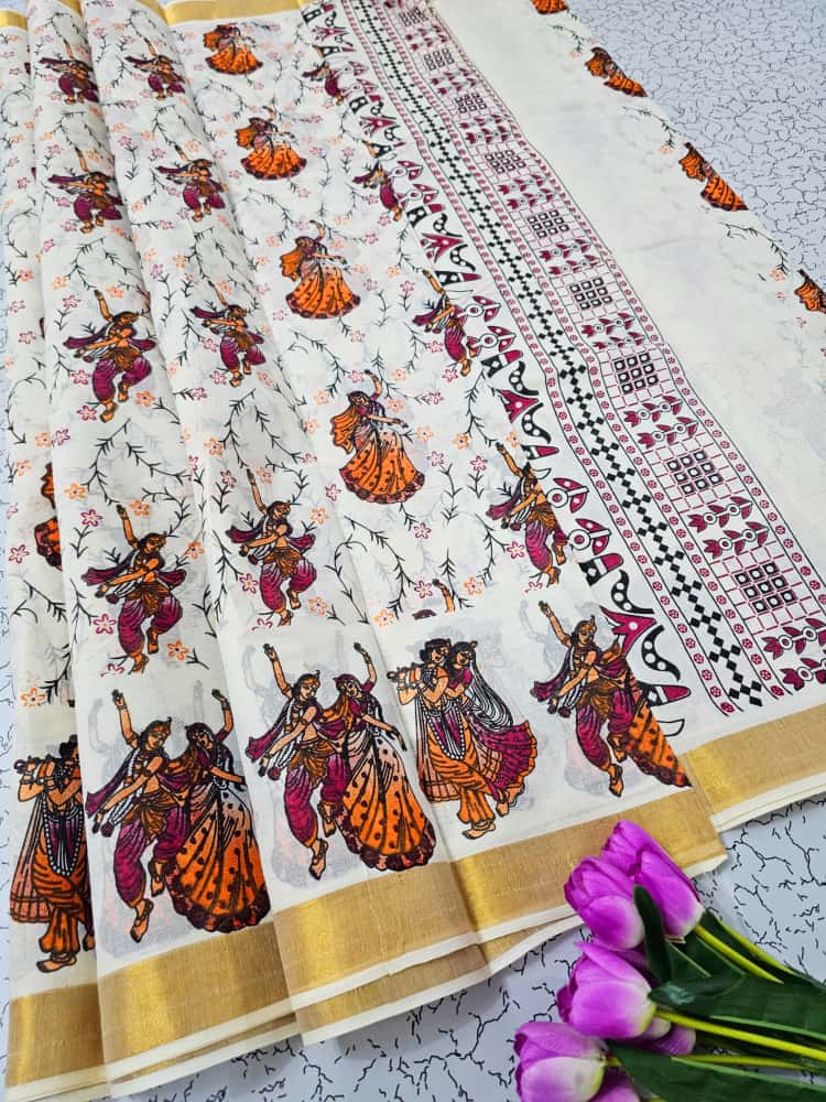 Traditional Kerala Kasavu Saree with Krishna Radha & Dance Print | Kerala Cotton Saree