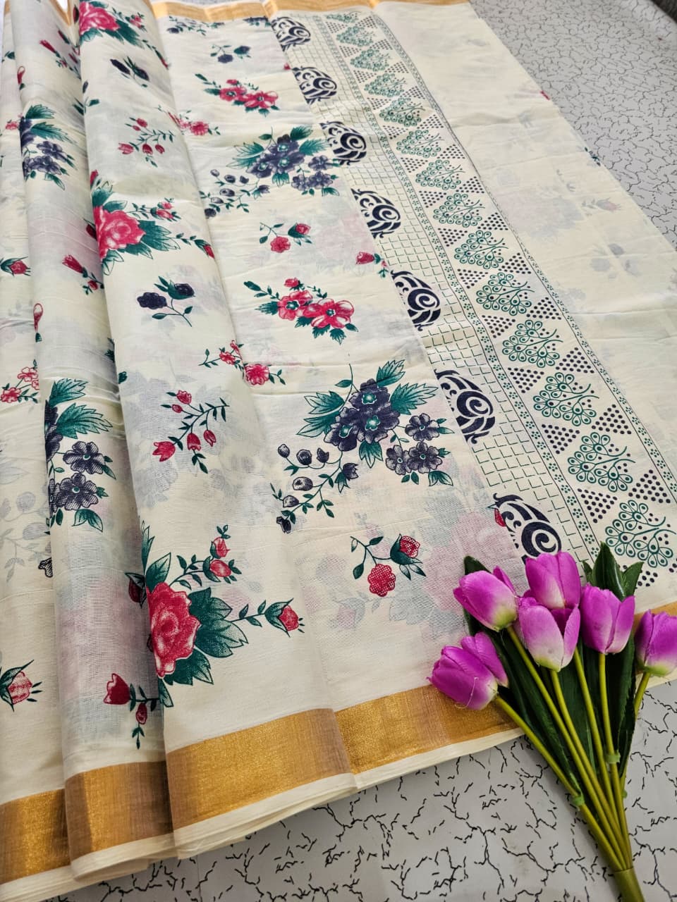 Elegant Kerala Kasavu Saree with Floral Print | Premium Cotton Kasavu Saree